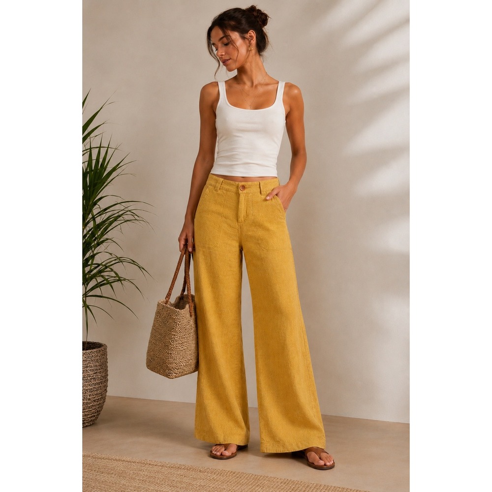 Pilcro No. 4 Puckered Linen Blend Wide Leg Pants Mustard Yellow Coastal Boho